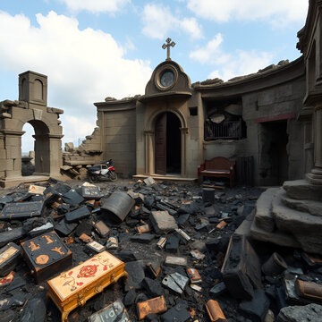 A desecrated shrine where charred remains of relics are scattered amidst the wreckage of stone walls.