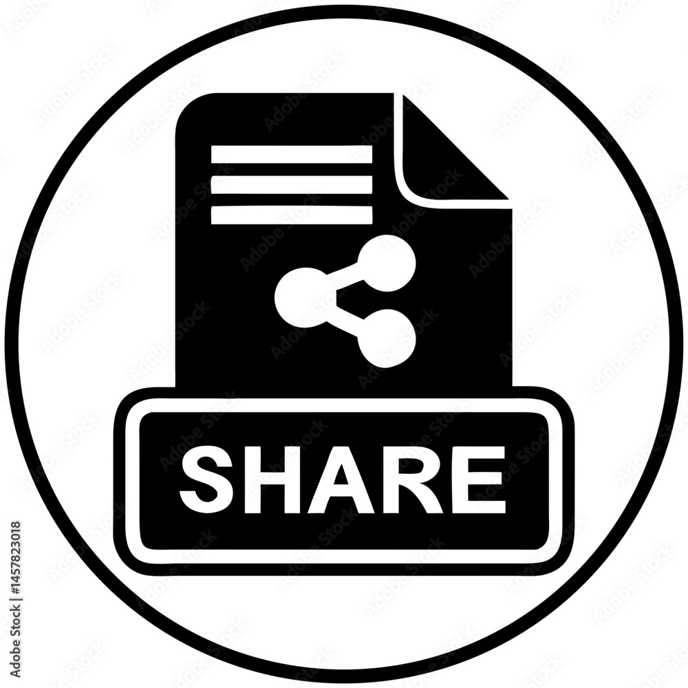 Poster share file icon with document and share symbol in black and white