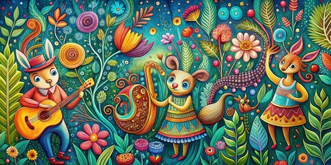 Fototapeta premium Whimsical Forest Creatures Jam Session: Colorful Doodle Art Background