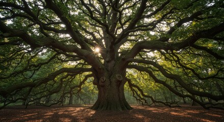 Obraz premium Majestic Ancient Oak Tree in Sunlight Bathed Forest