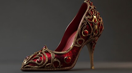 Obraz premium Ornate Red High Heel Shoe on Gray Background