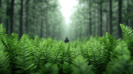 Lush Green Ferns in a Misty Forest with Depth and Serenity