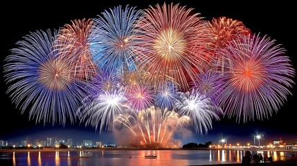 Obraz premium Colorful Fireworks Display Over Water with City Lights in Background at Night