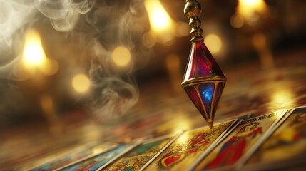 Mystic pendulum over tarot cards, candlelight smoke
