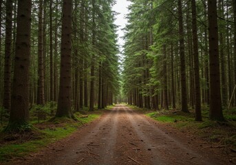 Fototapeta premium Dirt Path Through Lush Green Coniferous Forest