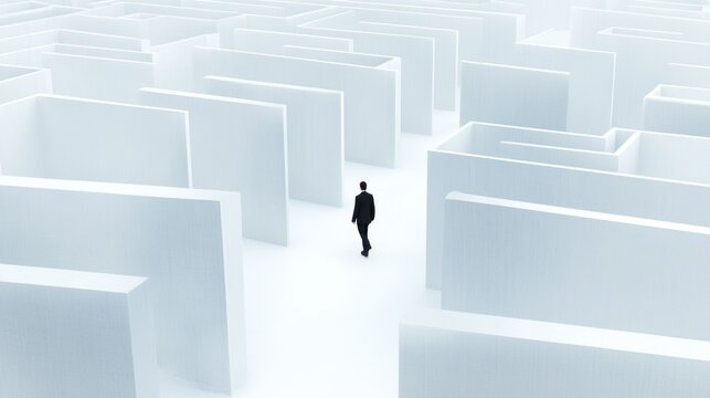 Businessman navigating complex maze problem solving and decision making concept