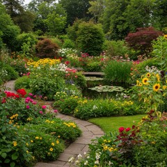 Fototapeta premium Vibrant Flower Garden with Winding Stone Path and Pond