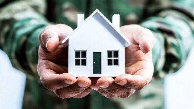 Military person holding small house model home security and stability concept