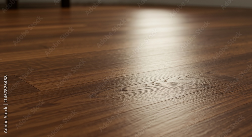 Poster close-up view of a polished brown wooden floor with visible grain and a glossy finish reflecting lig