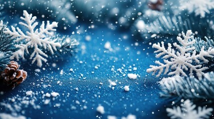 Festive Winter Wonderland Scene Snowflakes Pine Branches and Falling Snow on Blue Background