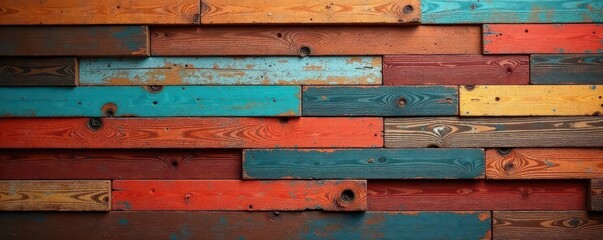 Vibrant reclaimed wood wall, diverse textures, deep color variations, wood grain, brown wood, rich color