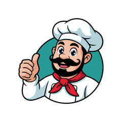 Cheerful Cartoon Chef Character with Mustache Giving Thumbs Up in Teal Circle Logo