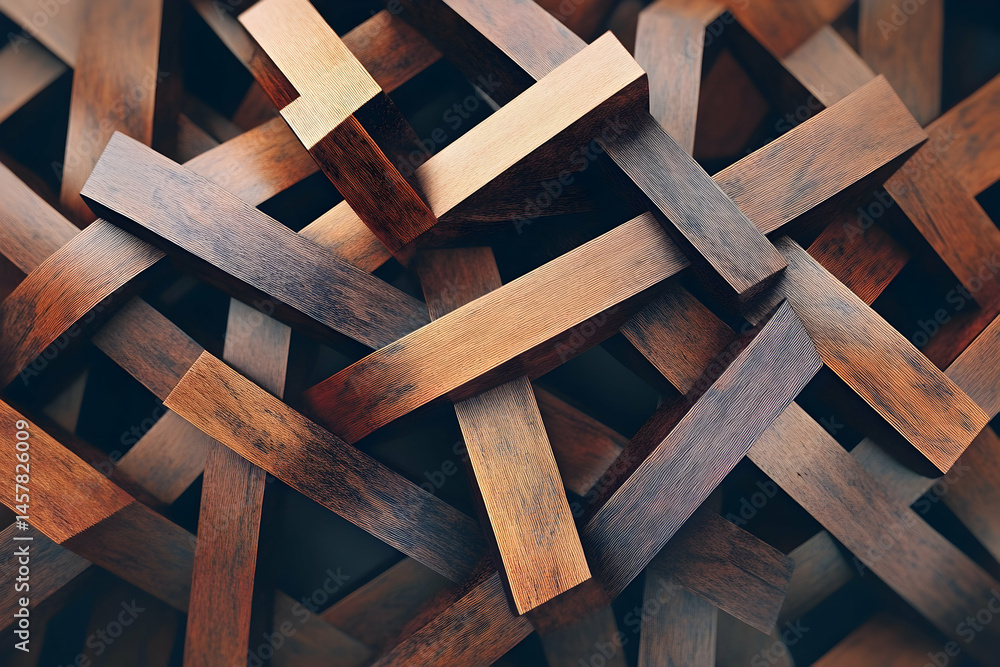 Poster intricate wooden structure composed of intersecting shapes.
