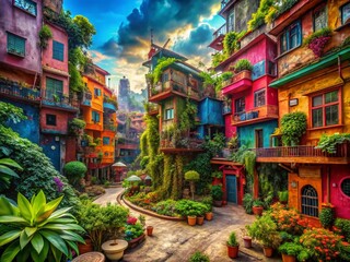 Fototapeta premium Whimsical Urban Exploration: Patchwork Cityscape Background