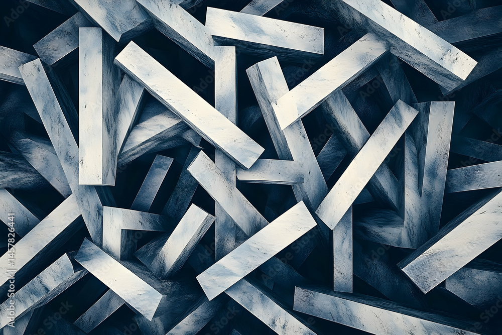 Poster abstract design of many overlapping rectangular blocks.