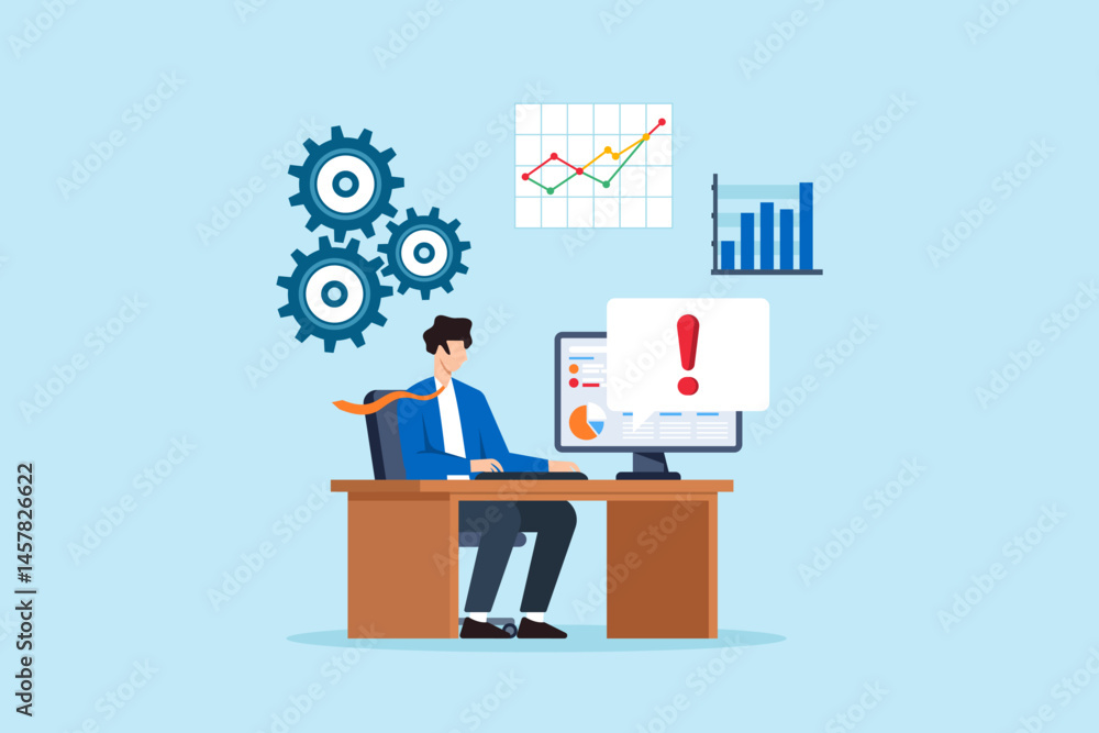 Poster flat illustration of office employee solving system issues with dashboard alert and data analytics i