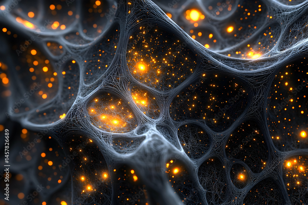 Poster intricate network structure with glowing points.