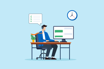 Flat illustration of consultant assisting clients with headset and chat interface at office desk in customer support service