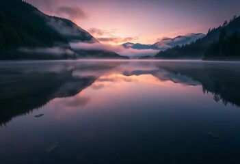 Fototapeta premium Lake Quinault's serene, misty dawn reflects in the still water, clouds, wild