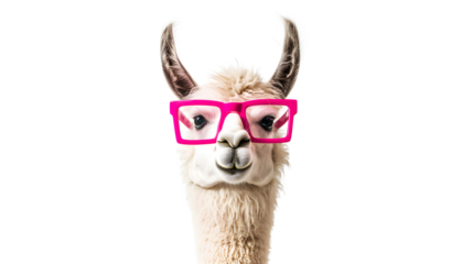 Funny Llama Portrait Wearing Pink Glasses on Transparent Background
