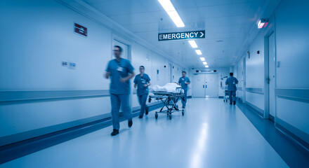 Emergency Gurney Rushed Down Long Hospital Corridor in Cool Blue Tones with Blurred Figures of Medical Staff, White Walls and Bright Lighting