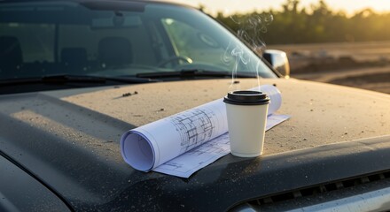 Steaming coffee cup and rolled blueprint plans resting on the dusty hood of a truck at a construction site during the warm light of sunset or sunrise.