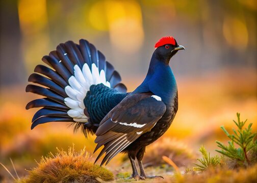 Wild Male Black Grouse Displaying Tail Feathers in Wheel Shape - Majestic Wildlife