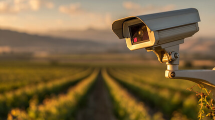 AI-powered precision farming camera overlooking fields at sunset