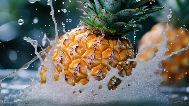 Fresh pineapple splashing in clear water droplets