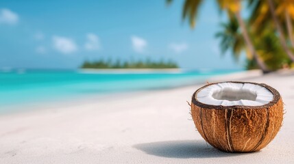 Fresh Coconut on Sandy Beach with Tropical Island and Palm Trees