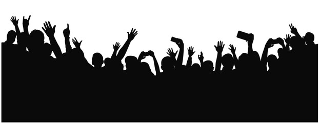 Crowd silhouette, cheerful people at concert, party, silhouette of applauding crowd people