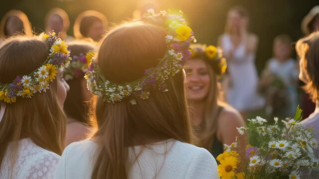 Women celebrating Kupala Night with flower wreaths. Traditional Slavic midsummer festival. Magical summer solstice ritual for greeting card.