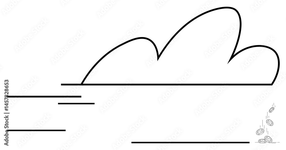 Poster abstract cloud floats above horizontal motion lines, paired with falling coins representing finance,