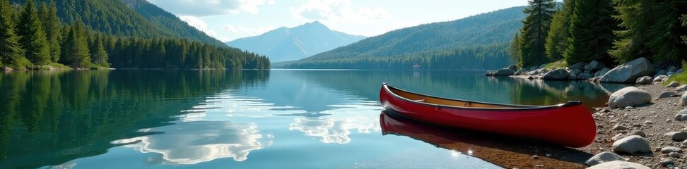 Obraz premium Calm lake, red canoe on rocky shore, pine trees , pine, still