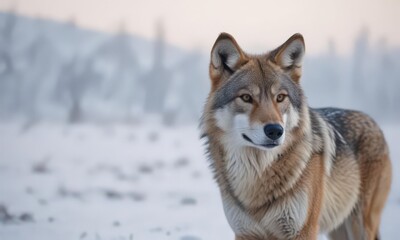 Fototapeta premium Eurasian wolf, winter snow, frozen landscape, intense stare, Russia, predator, Asia