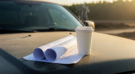 Construction planning outdoors: Steaming coffee and rolled blueprints placed on the hood of a vehicle at a job site in the early morning light.