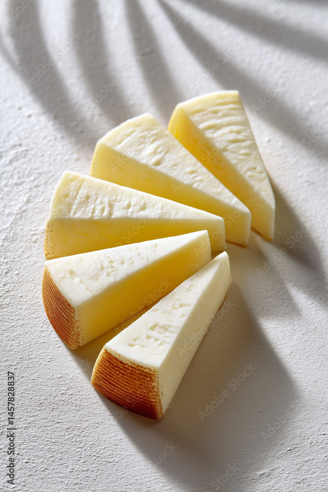Poster white cheddar slices arranged in a semicircle on clean white surface. soft shadows create a serene a