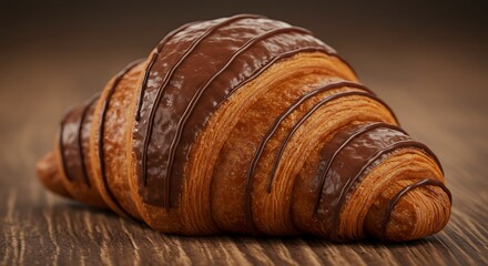 Delicious Chocolate Croissant Pastry on Wooden Table Background