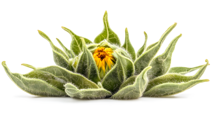 Sunflower Bud with Fuzzy Green Petals and Yellow Center 