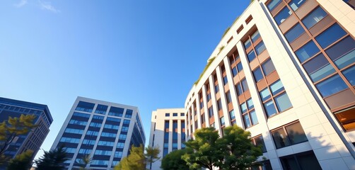 Obraz premium Modern DC office buildings, symmetrical architecture, clear blue sky, downtown, commercial