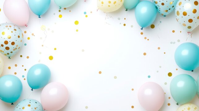Pastel Balloons and Confetti on White Background