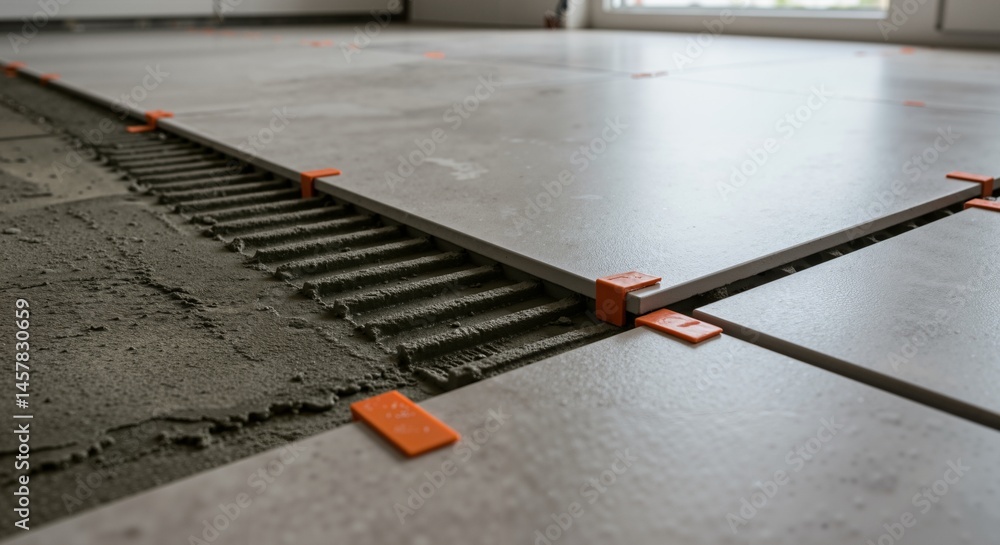 Poster installing large format floor tiles with mortar and leveling clips for a smooth, even surface during