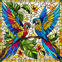 Obraz premium Colorful stained glass parrots surrounded by tropical flowers and leaves.