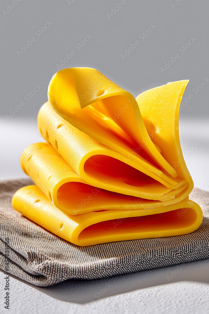 Poster processed cheese slices gently folded with soft shadows creating a minimalist aesthetic. clean white