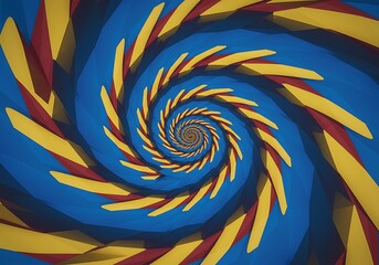 A hypnotic spiral pattern with blue background and yellow and red shapes creating a vortex effect