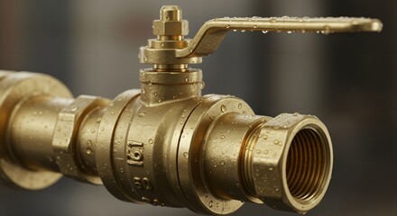 Close-up view of a shiny brass ball valve covered in water droplets, a common plumbing component used for controlling fluid flow in pipes.