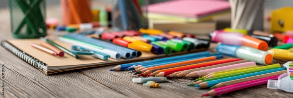 Poster drawing supplies arranged on a wooden table for creative expression and artistic projects generative