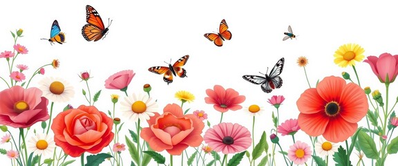Fototapeta premium Flat style illustration of summer garden flowers (roses, daisies, poppies) and insects (bees, butterflies) on white , floral illustration, backyard