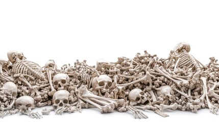 Pile of bones and skulls on white background