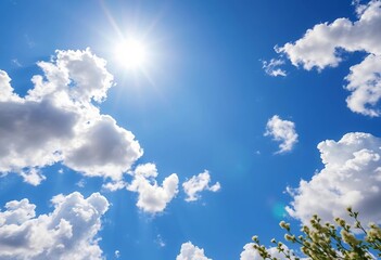 Looking up at a vibrant spring sky, fluffy white clouds scattered across brilliant blue, sun shining brightly, nature, majestic
